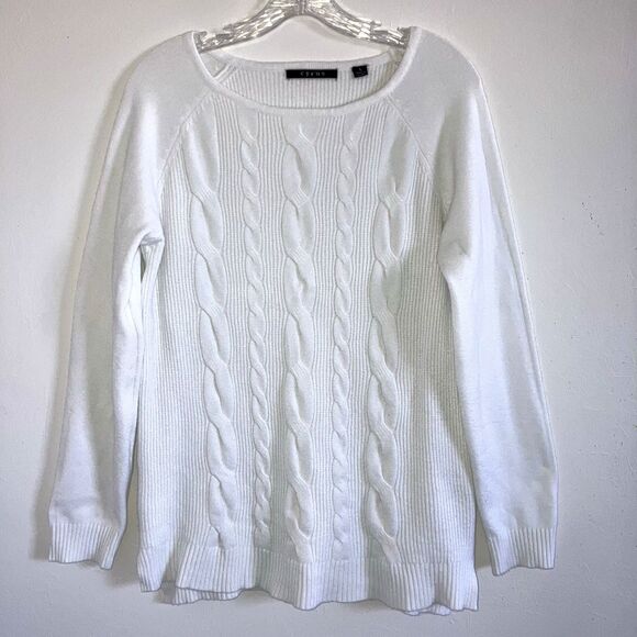 CYRUS L Solid White Cable Ribbed Knit Long Sleeve Tunic Top Sweater Pullover L - Picture 2 of 6